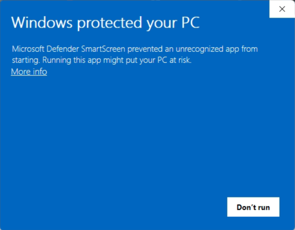 Windows Defender SmartScreen 'Windows protected your PC' notice with a More info link