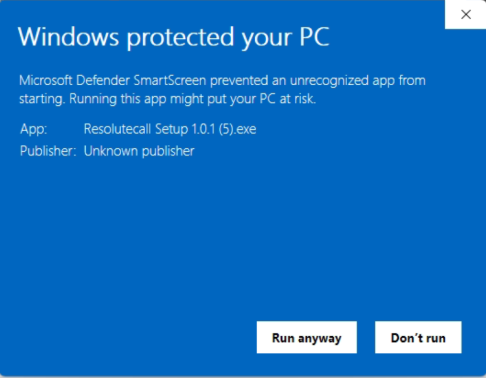 Expanded SmartScreen notice showing the app name with Run anyway and Don't run buttons