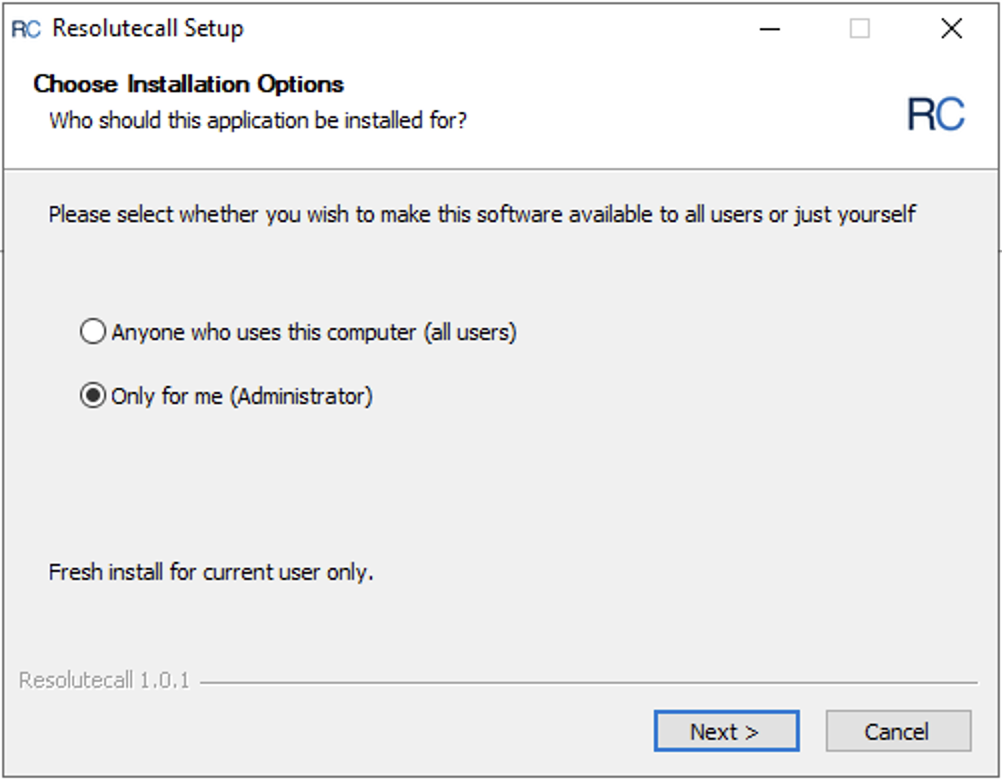 Choose Installation Options screen with per-user and all-users radio buttons