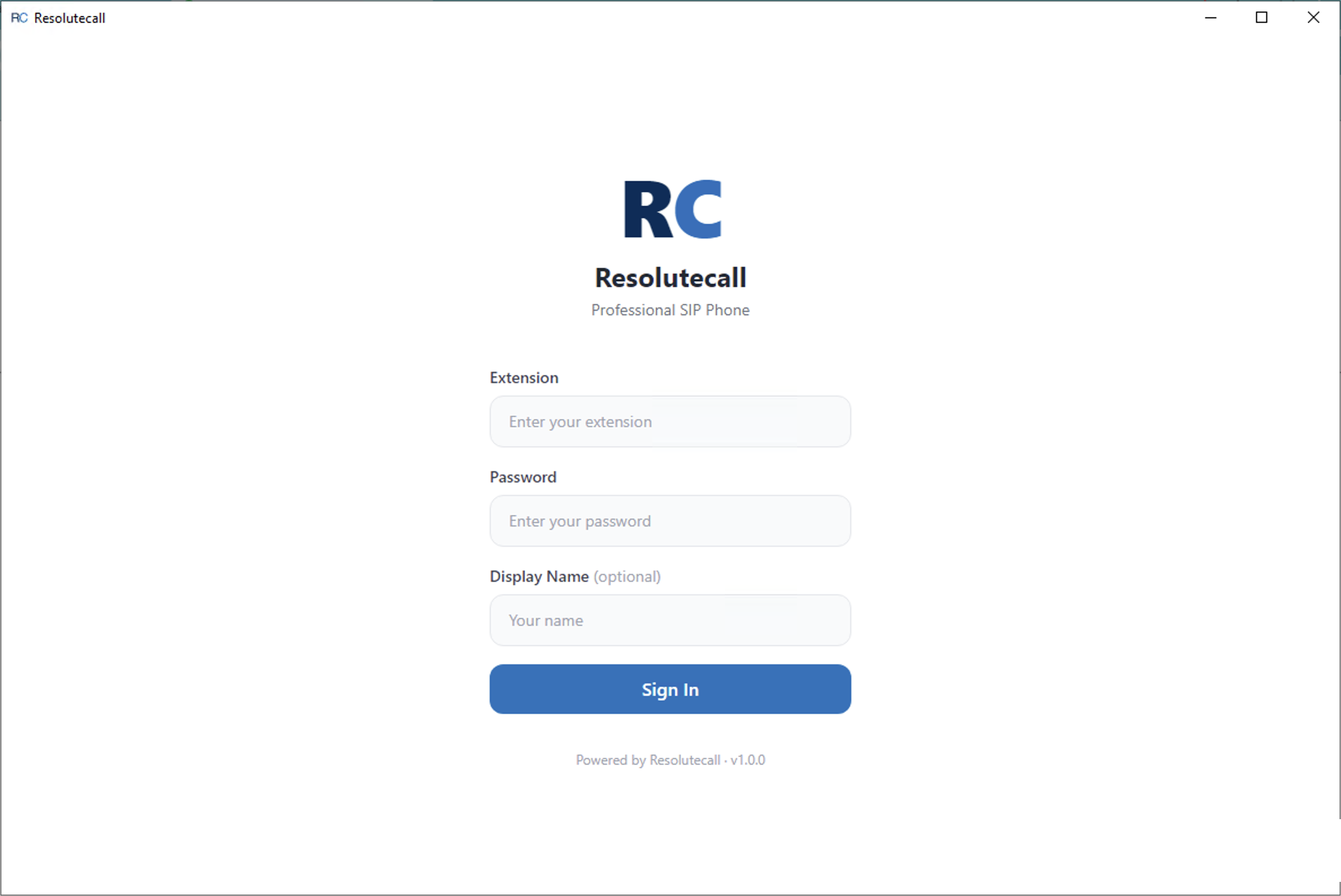 ResoluteCall sign-in screen with Extension and Password fields