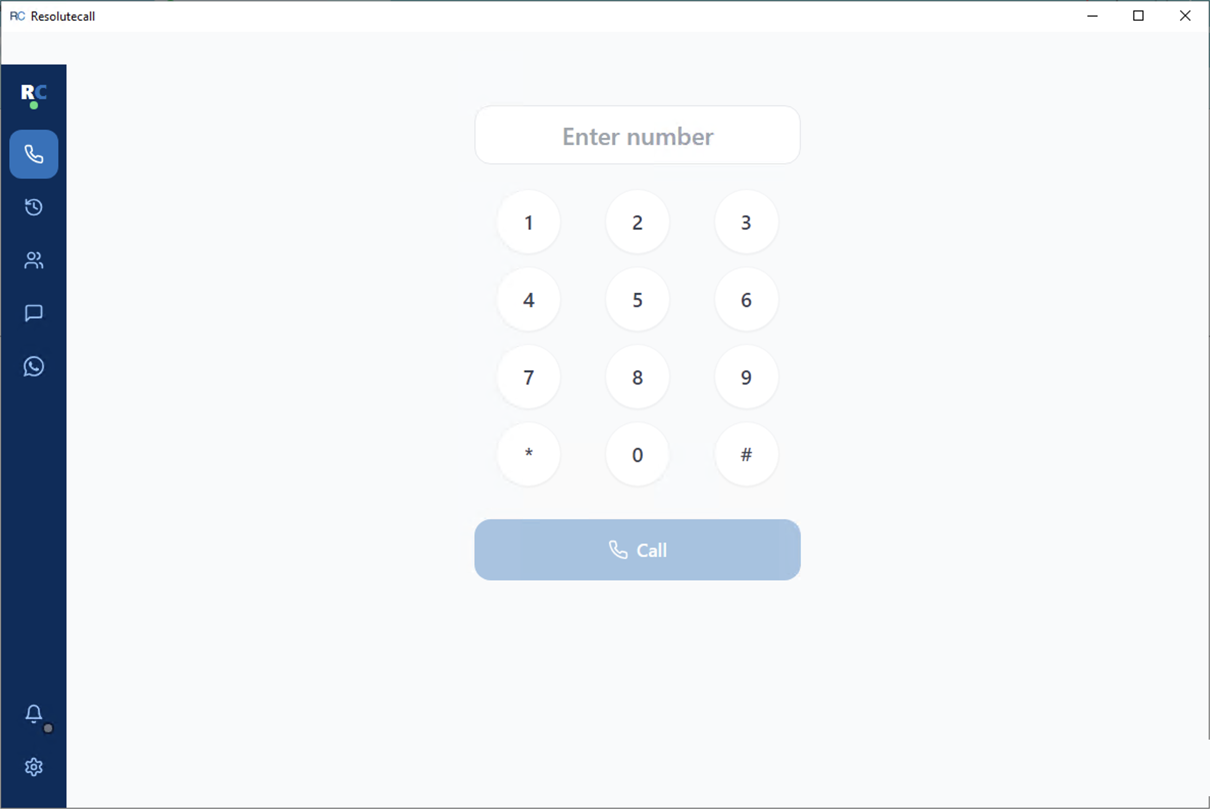 ResoluteCall dial pad with keypad and sidebar navigation