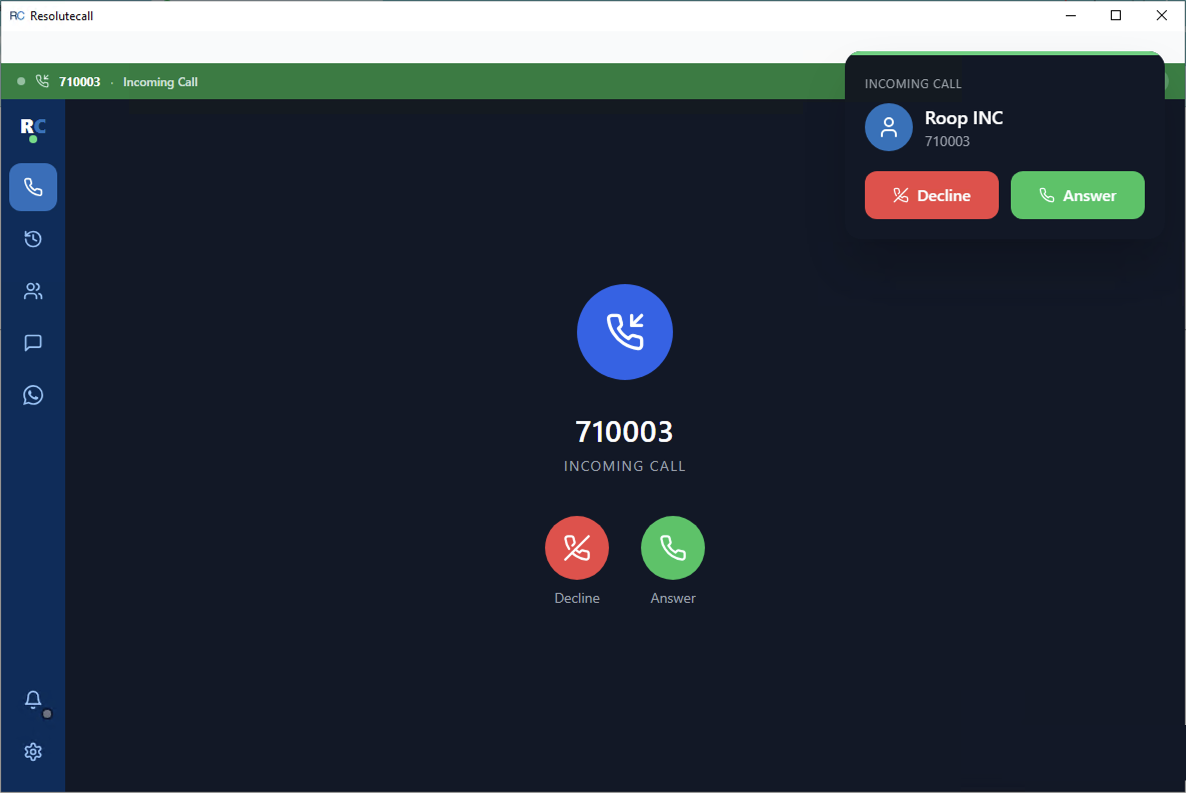 Incoming call screen with Answer and Decline buttons