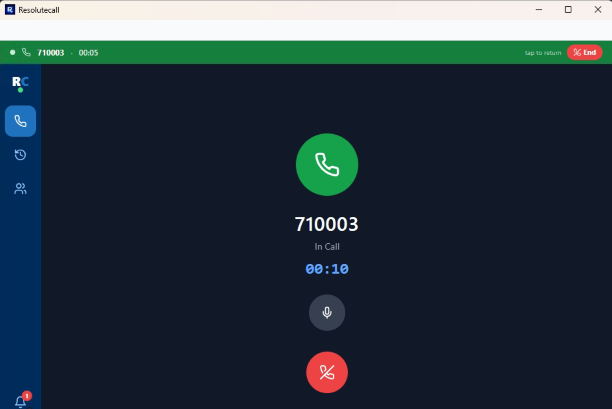 Active call screen with duration timer, mute, and hang up controls