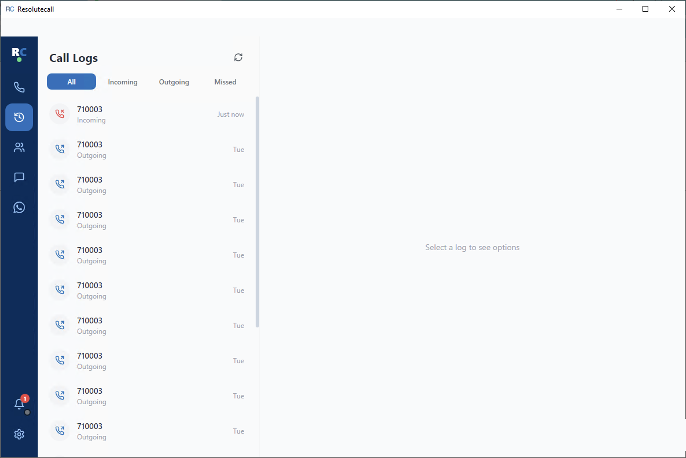 Call logs screen with filter tabs and call history