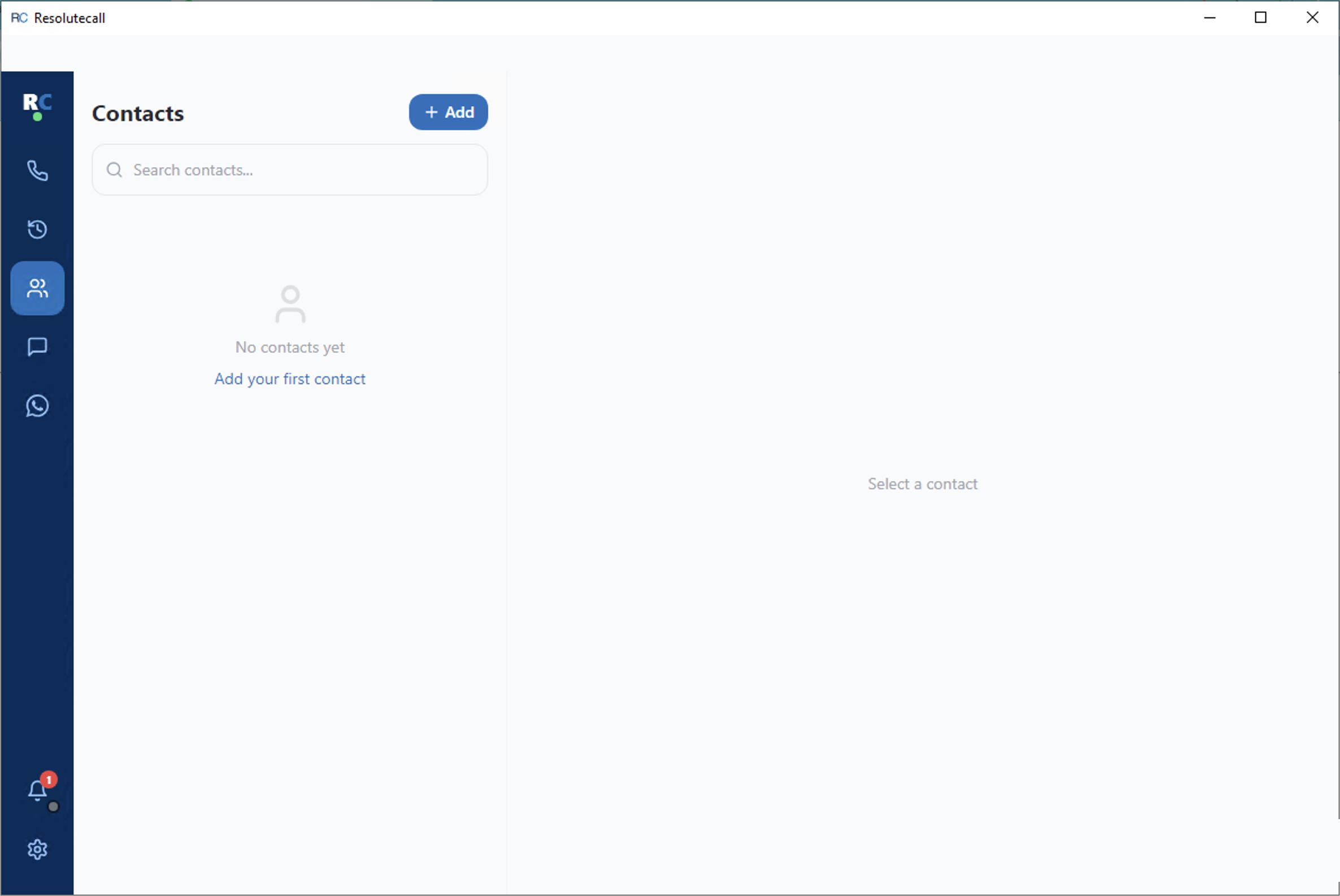 Contacts screen with contact list and detail panel