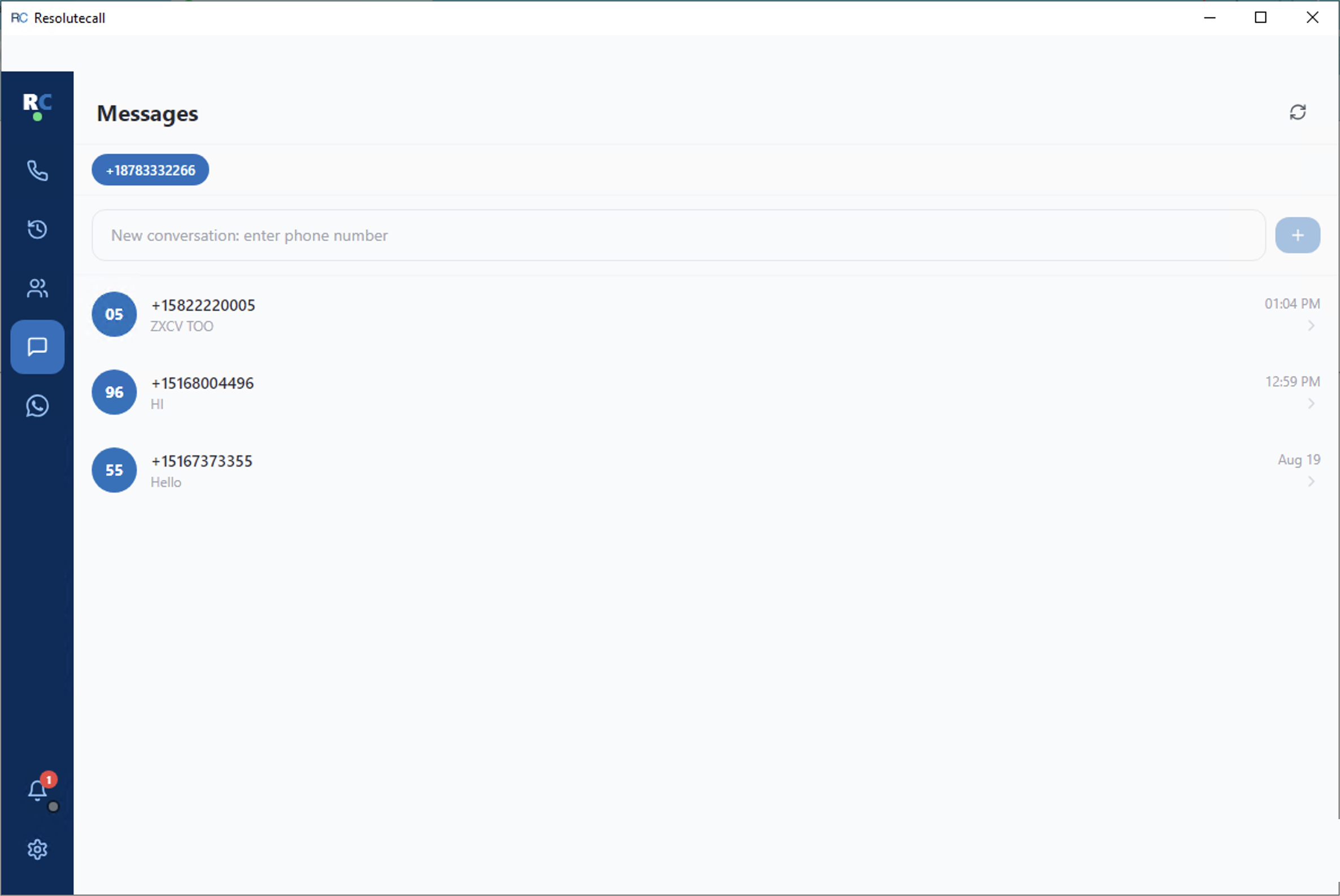 Messages screen with SMS conversation list